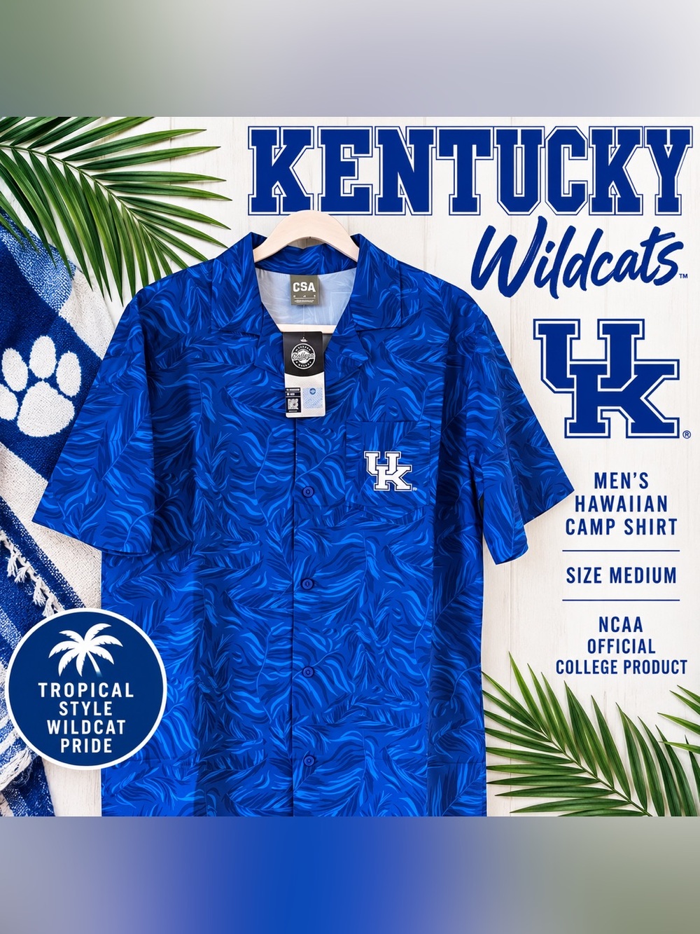NWT Kentucky Wildcats UK Blue Hawaiian Camp Shirt Mens Medium NCAA